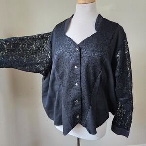 Vtg 90s BANJO Black Lace Heart Cutout Button Front Jacket Top Plus Size 3XXX